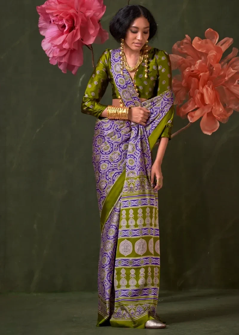 Olive Green Printed Satin Crepe Silk Saree - Image 3