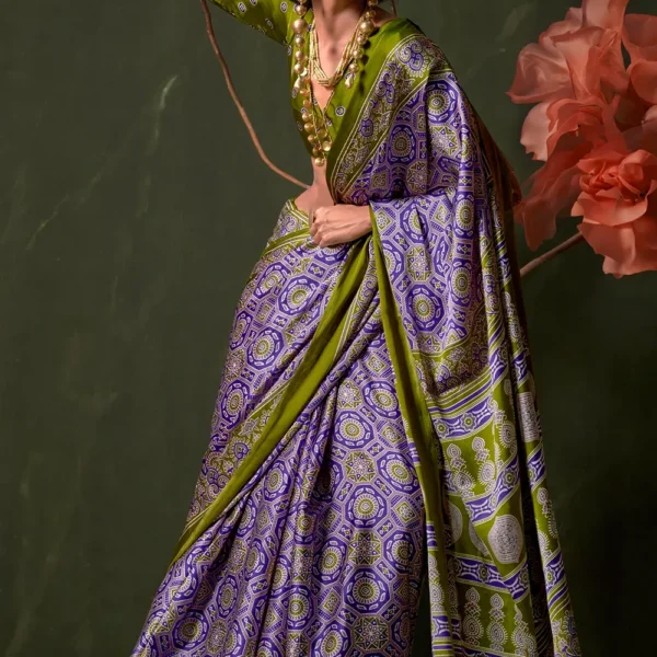 Olive Green Printed Satin Crepe Silk Saree