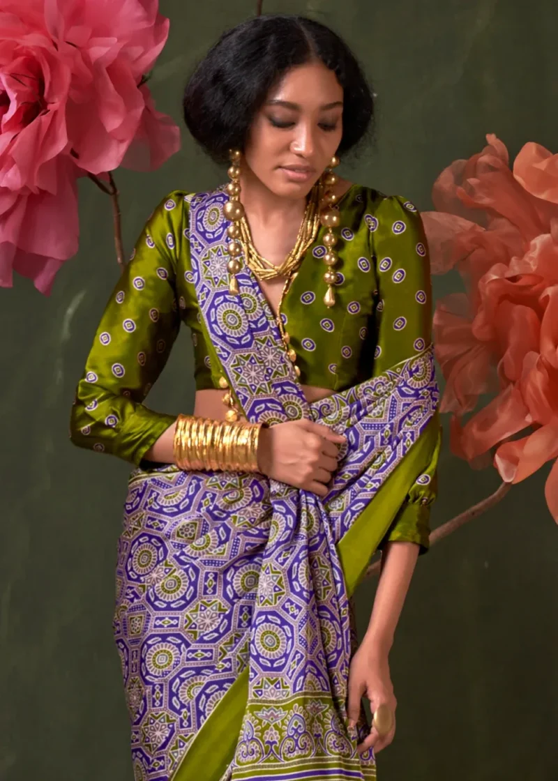 Olive Green Printed Satin Crepe Silk Saree - Image 4