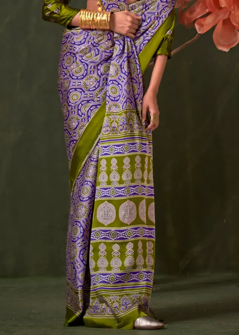 Olive Green Printed Satin Crepe Silk Saree - Image 2
