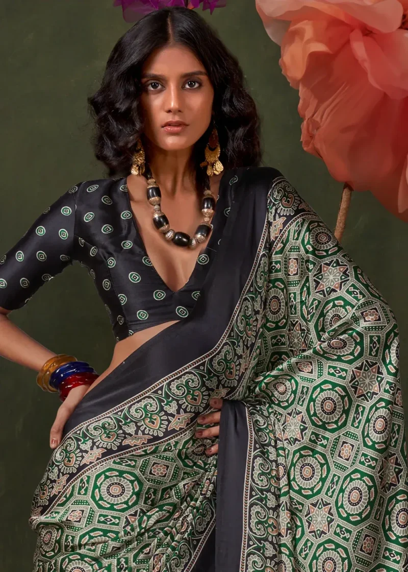 Black and Green Satin Silk Crepe Saree - Image 4