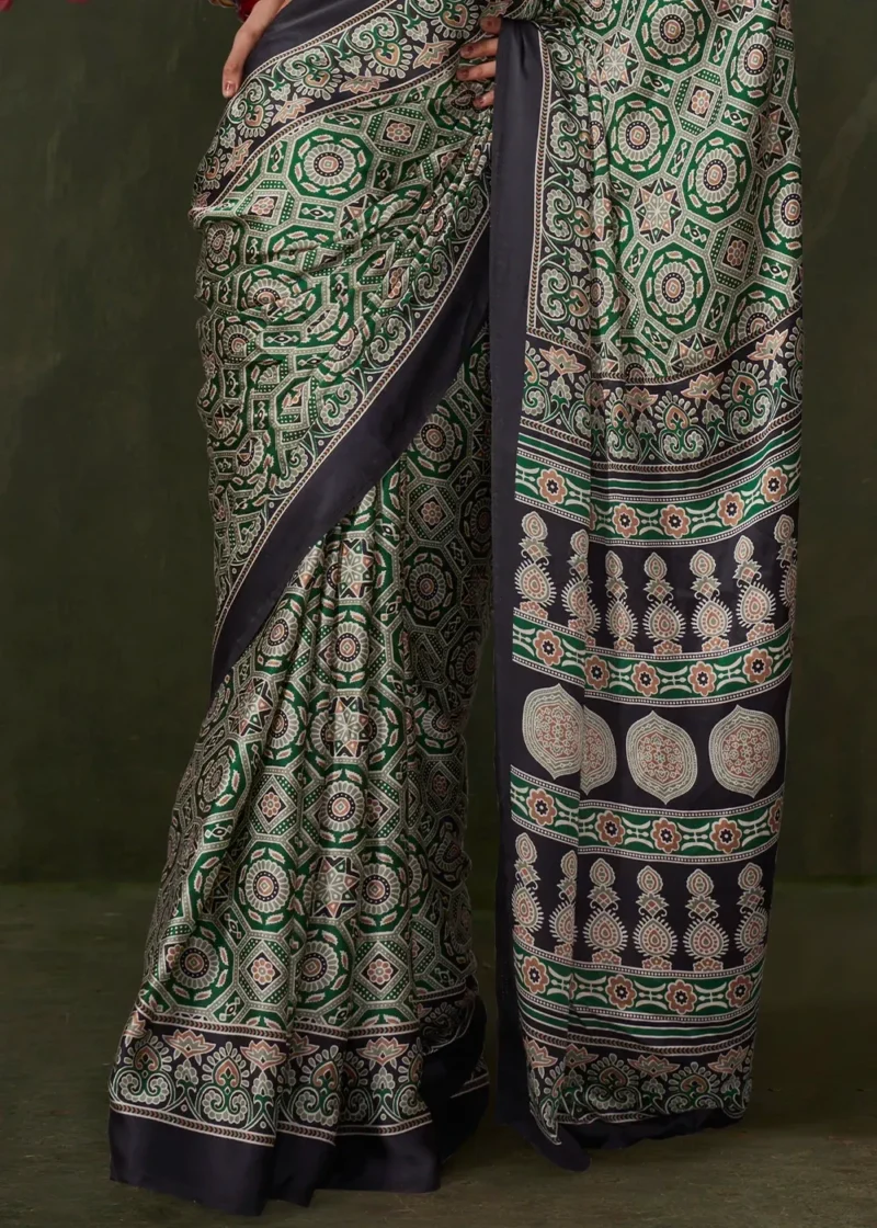 Black and Green Satin Silk Crepe Saree - Image 3