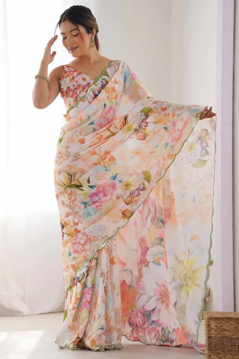 Off White Floral Printed Chinon Summer Saree - Image 4