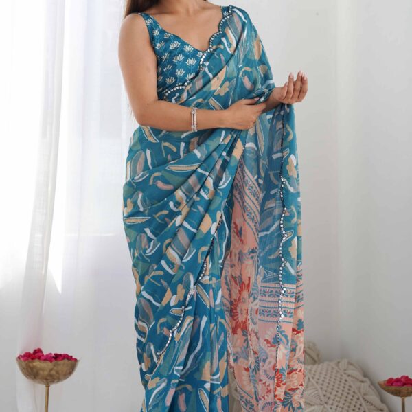 Light Teal Floral Printed Premium Chinon Summer Saree