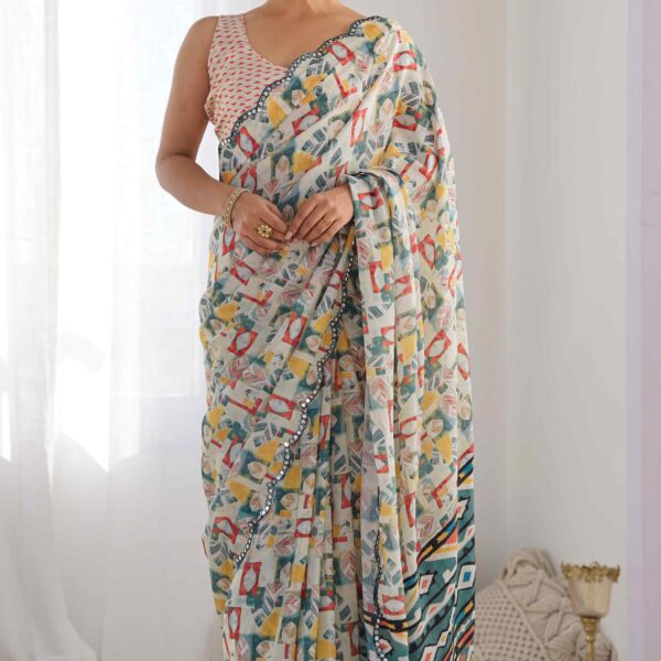 Off White Abstract Leaves Printed Chinon Summer Saree