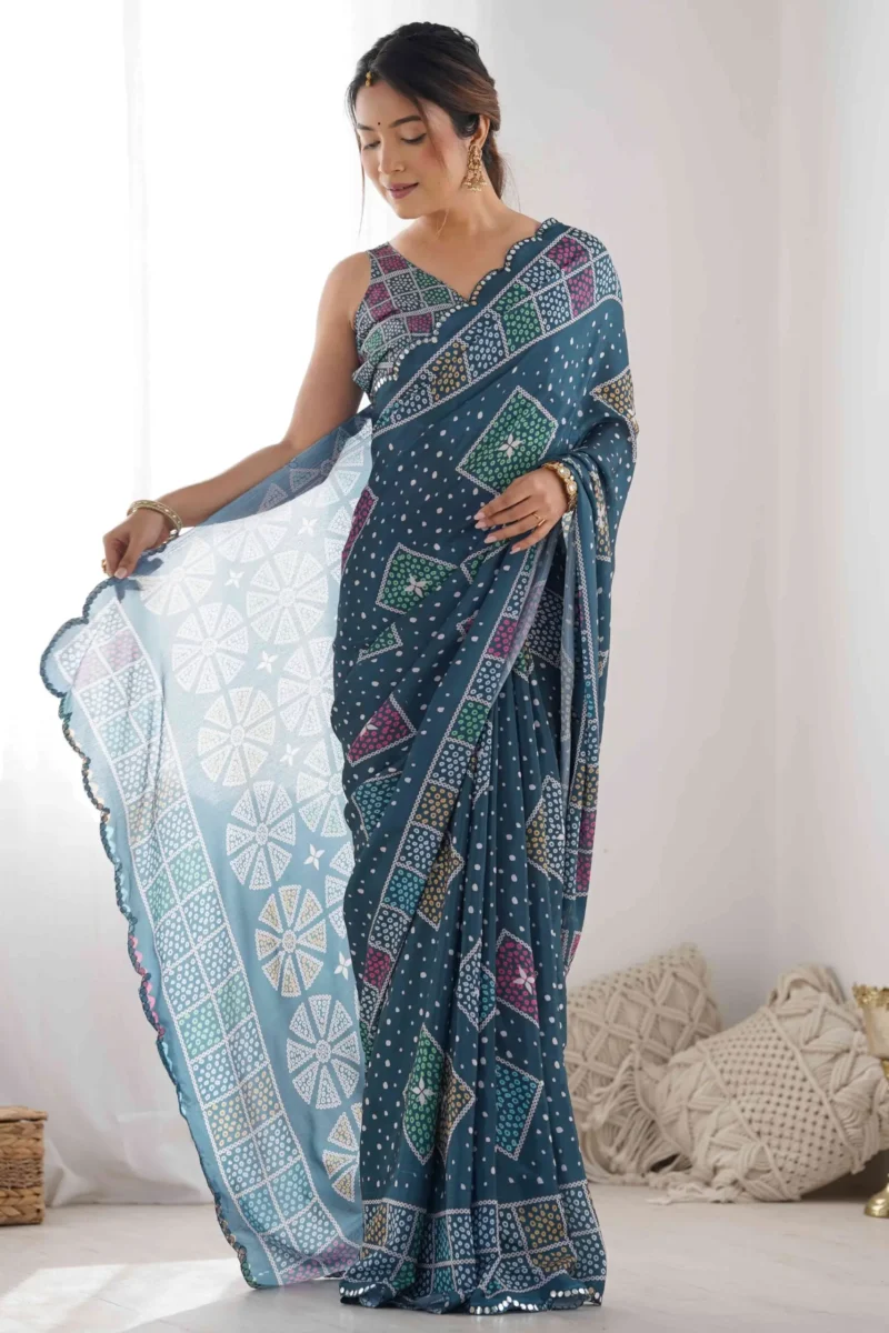 Teal Geometric Printed Premium Chinon Summer Saree - Image 2