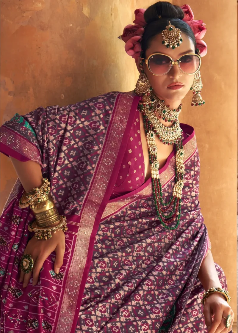 Magenta Patola Silk Saree with Traditional Ikat Weave and Pink-Gold Zari Pallu - Image 2