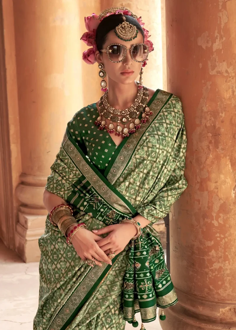 Emerald Green Patola Silk Saree with Ikat Motifs and Silver Zari Border - Image 3