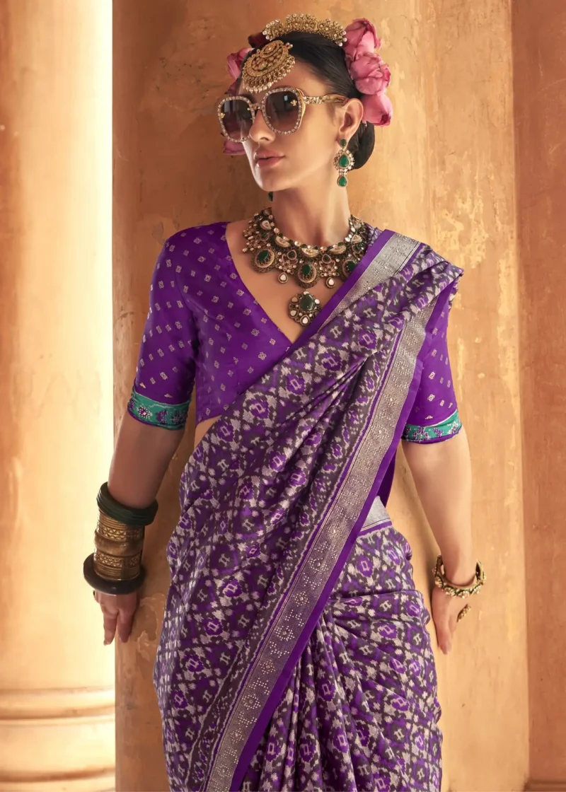 Purple Patola Silk Saree with Aqua Ikat Motifs and Silver Zari Border - Image 2