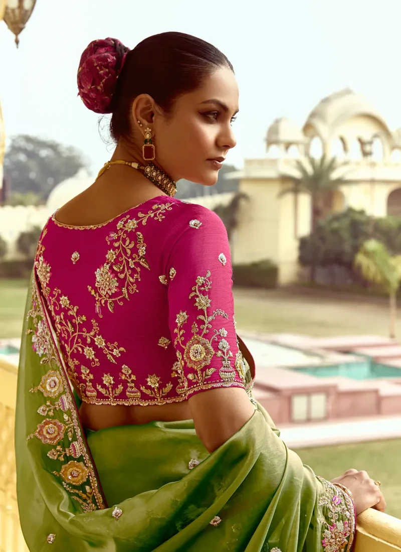 Green Crush Silk Sequins Embroidered Border Saree - Image 2