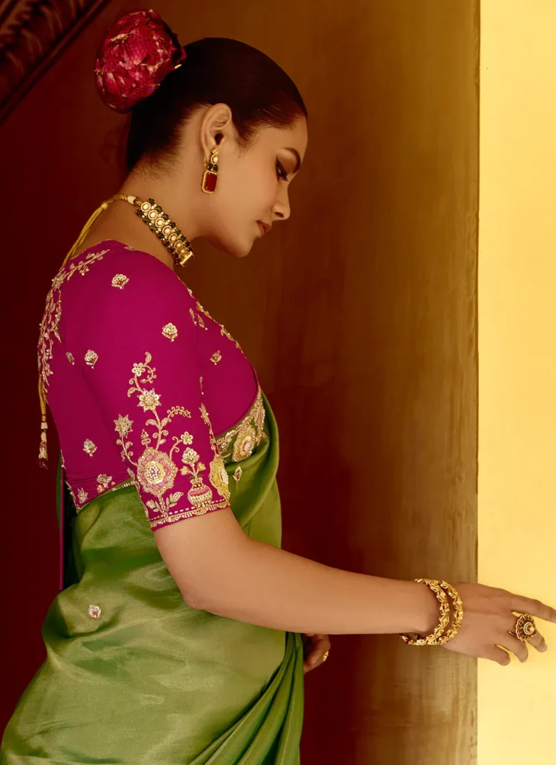 Green Crush Silk Sequins Embroidered Border Saree - Image 3