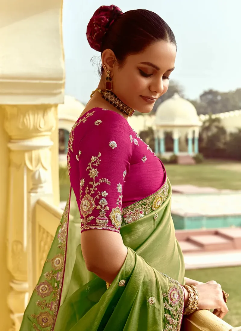 Green Crush Silk Sequins Embroidered Border Saree - Image 4