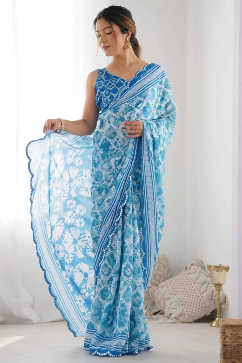 Blue Tie Dye Printed Premium Chinon Saree - Image 3