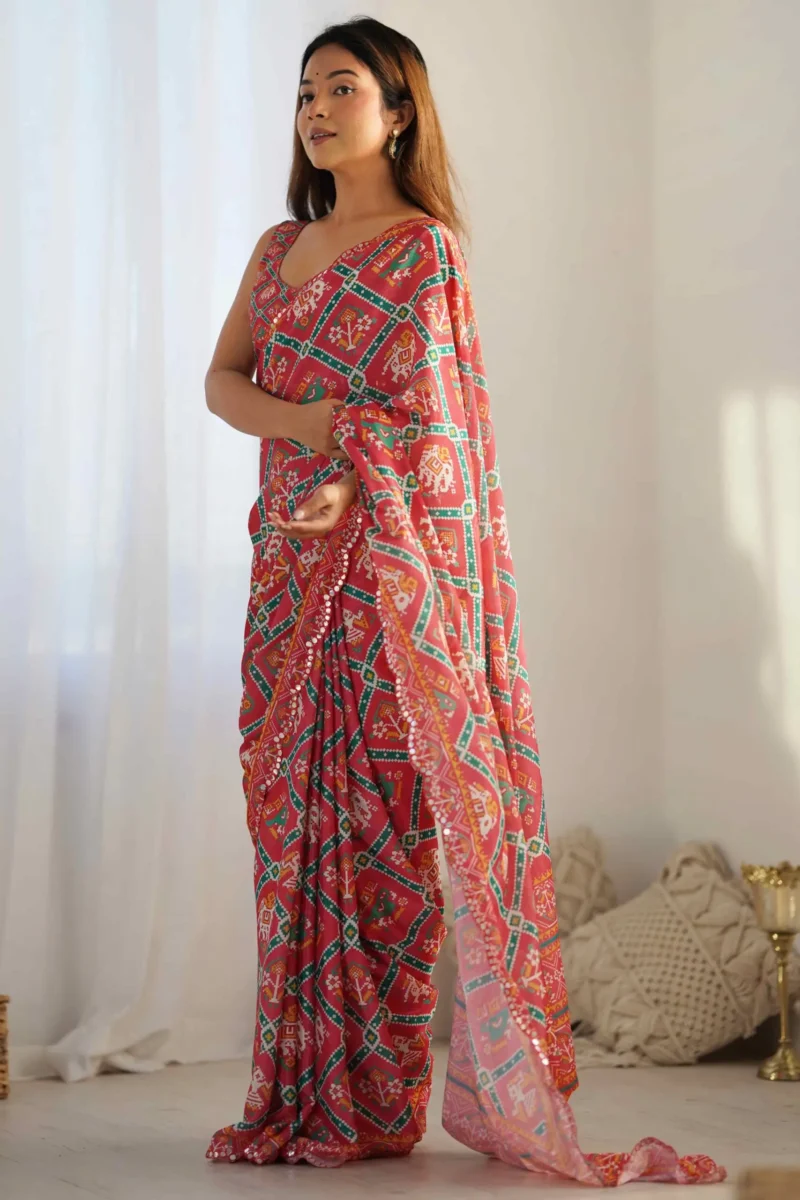 Gajri Pink Patola Printed Premium Chinon Saree - Image 3