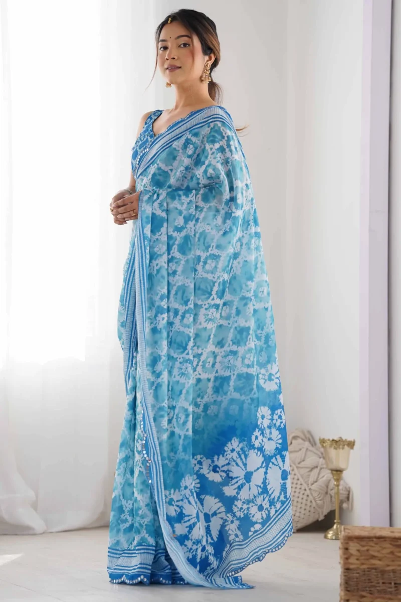 Blue Tie Dye Printed Premium Chinon Saree - Image 4