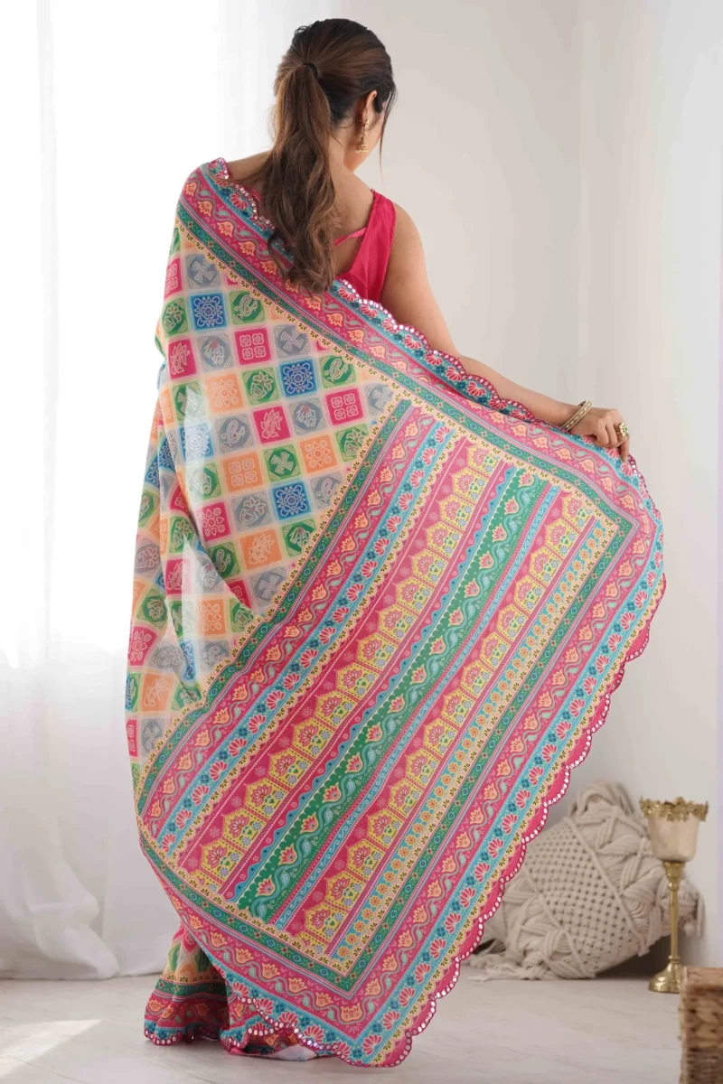 Multicolor Bandhani Printed Summer Chinon Saree - Image 5