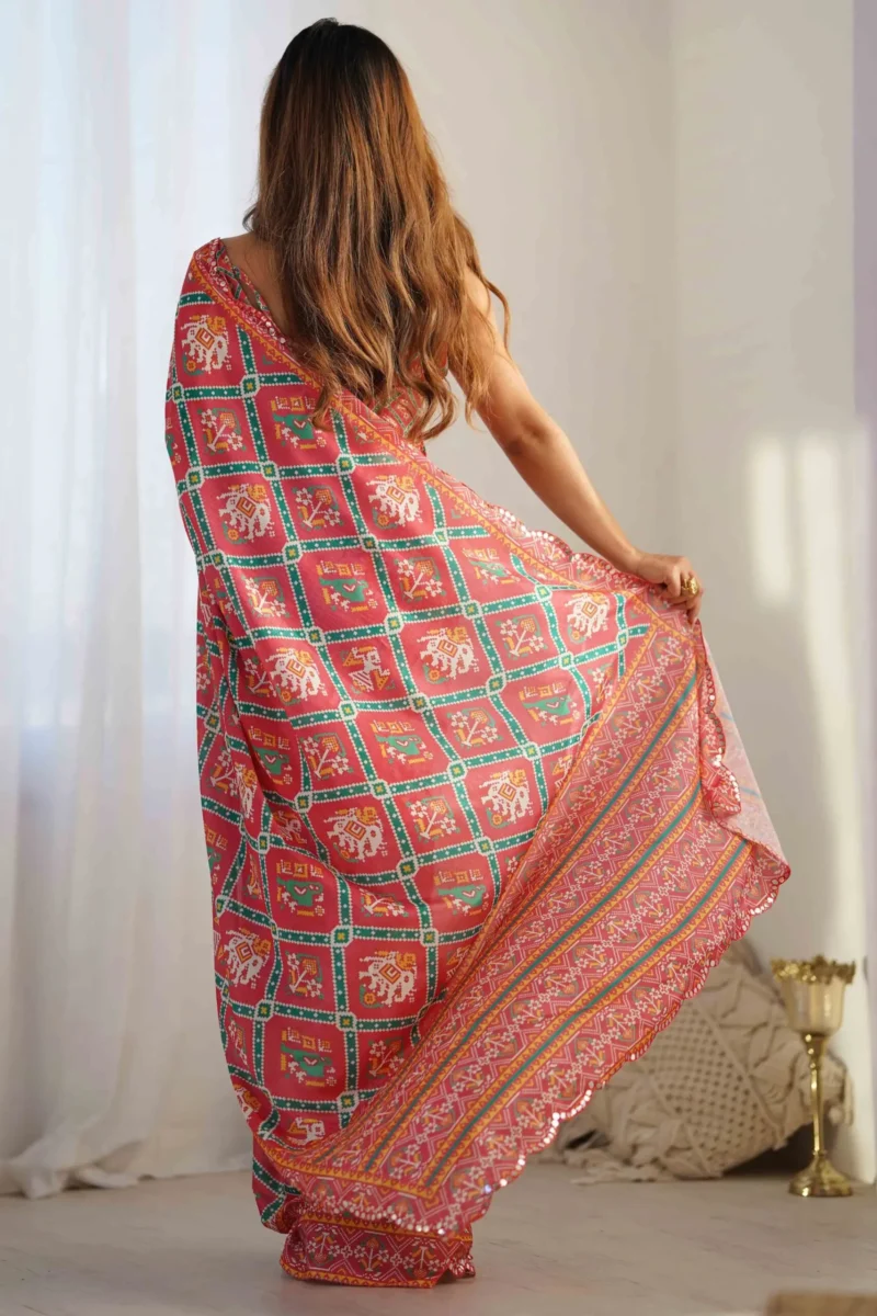 Gajri Pink Patola Printed Premium Chinon Saree - Image 2