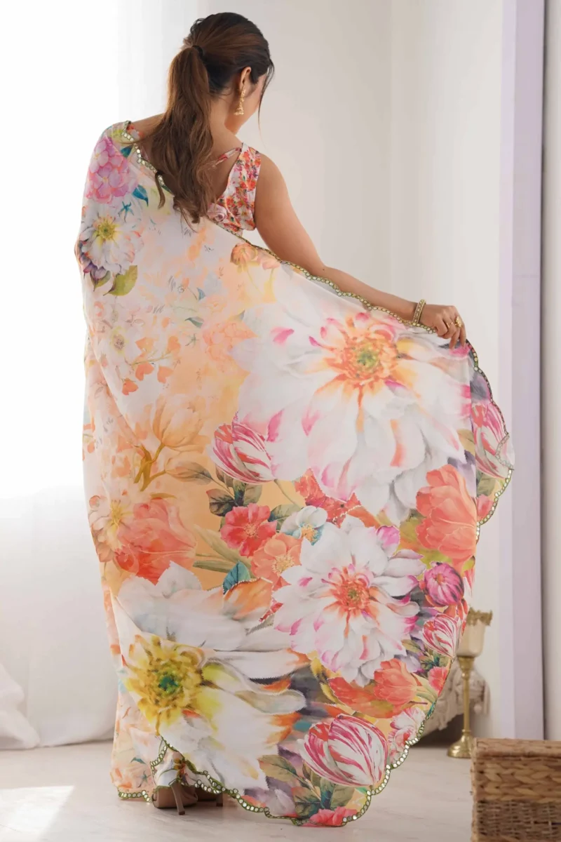 Off White Floral Printed Chinon Summer Saree - Image 2