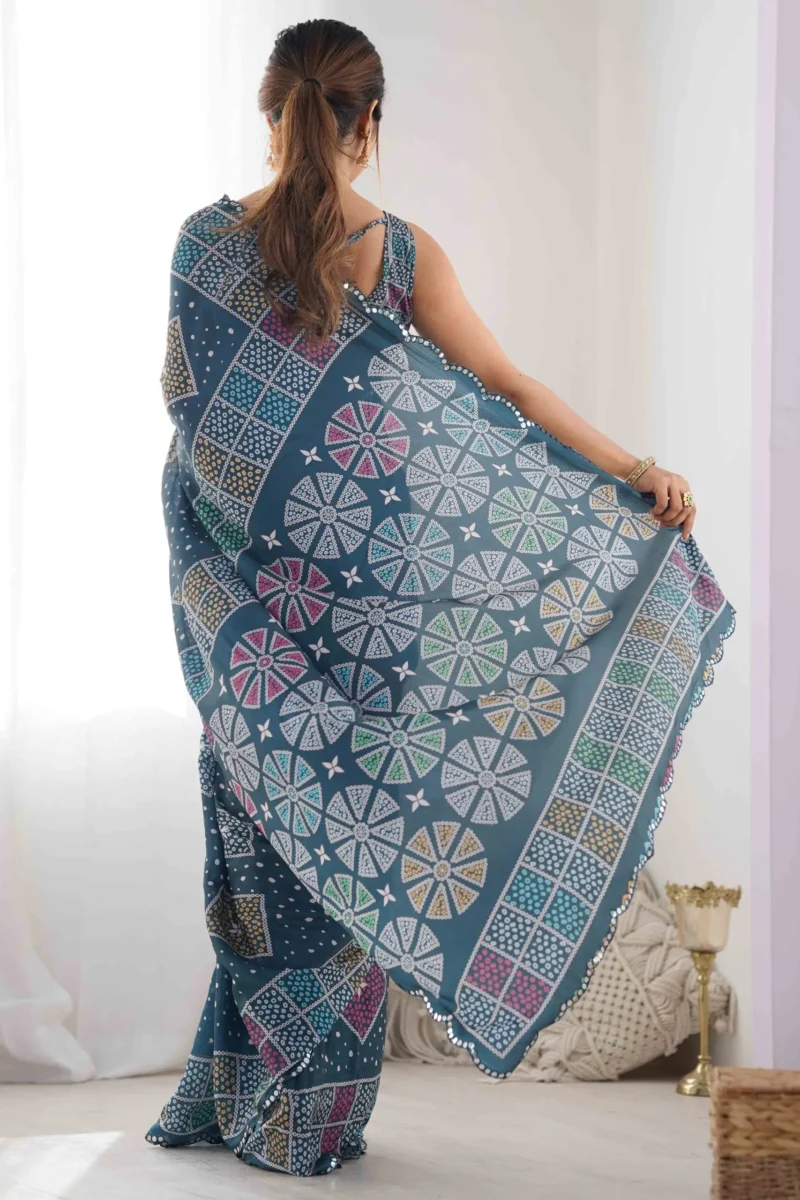 Teal Geometric Printed Premium Chinon Summer Saree - Image 3