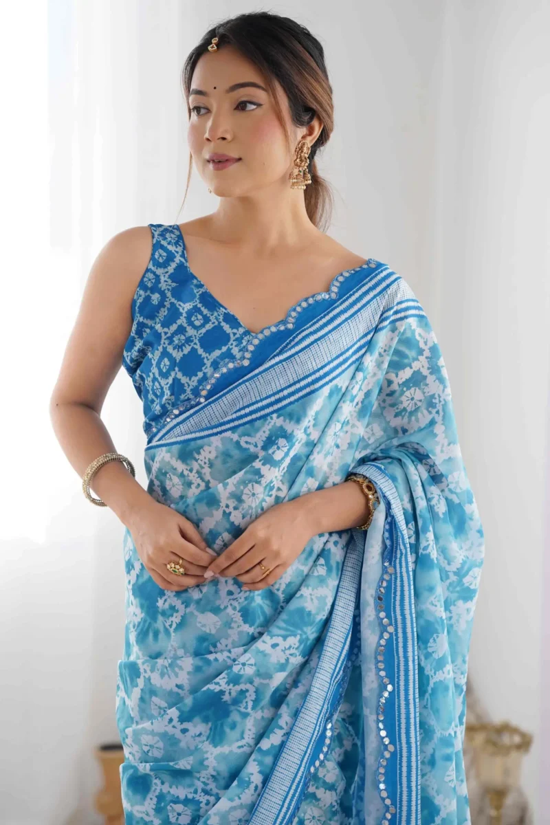 Blue Tie Dye Printed Premium Chinon Saree - Image 2