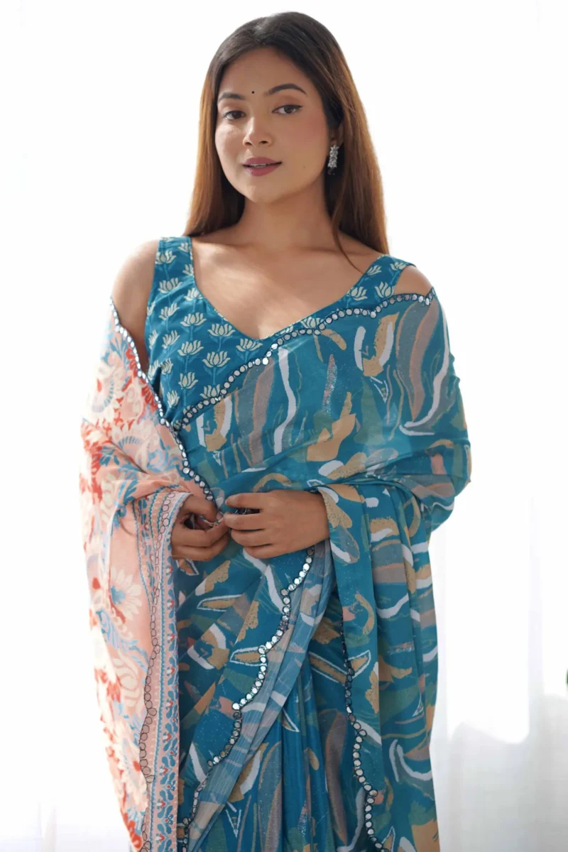 Light Teal Floral Printed Premium Chinon Summer Saree - Image 2