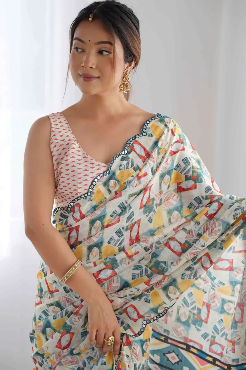 Off White Abstract Leaves Printed Chinon Summer Saree - Image 2