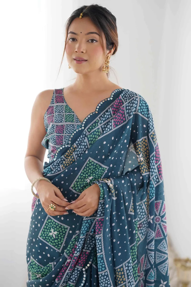 Teal Geometric Printed Premium Chinon Summer Saree - Image 4
