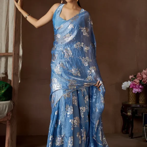 Sattin Silk Ocean Blue Party Wear Hand Work Saree