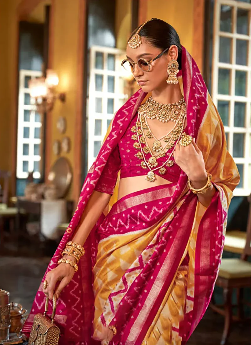 Yellow Pink Polyester Viscose silk Patola Printed Saree - Image 3