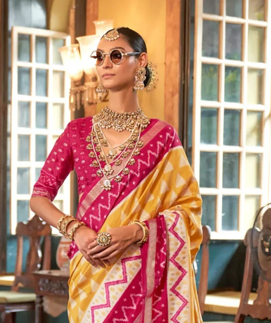 Yellow Pink Polyester Viscose silk Patola Printed Saree