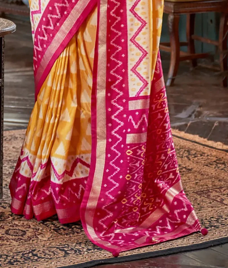 Yellow Pink Polyester Viscose silk Patola Printed Saree - Image 4