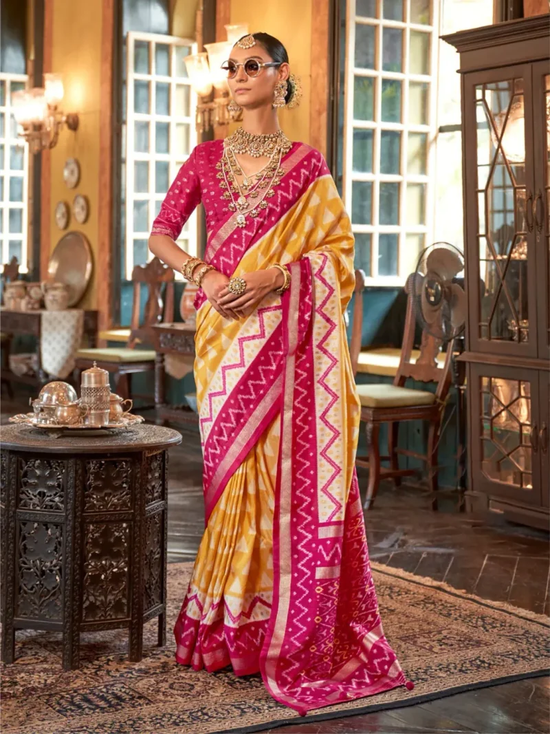 Yellow Pink Polyester Viscose silk Patola Printed Saree - Image 2