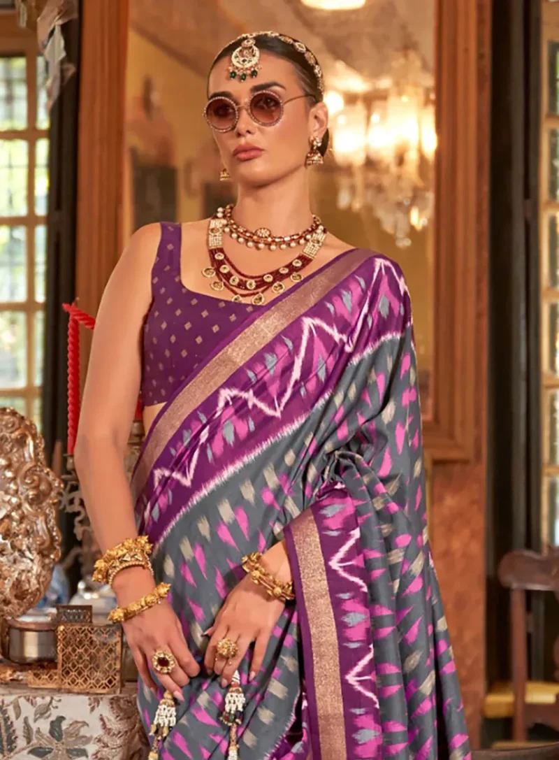 Grey Purple Polyester Viscose silk Patola Printed Saree - Image 4