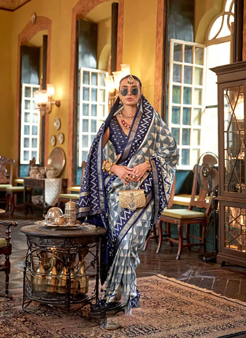 Grey Navy Blue Polyester Viscose silk Patola Printed Saree - Image 3