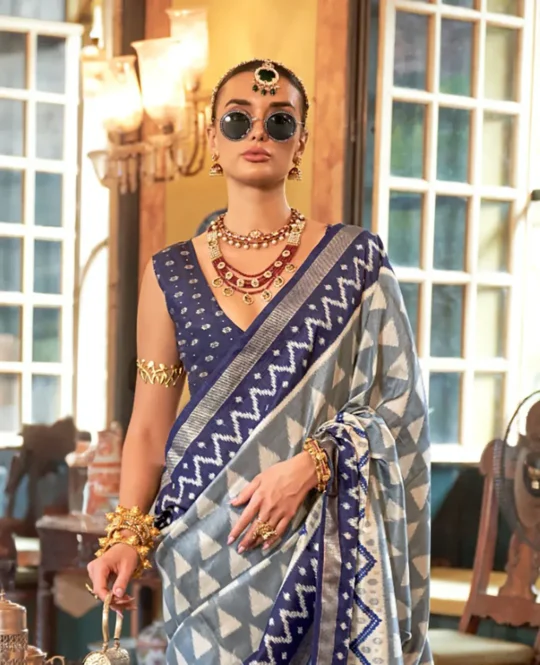 Grey Navy Blue Polyester Viscose silk Patola Printed Saree