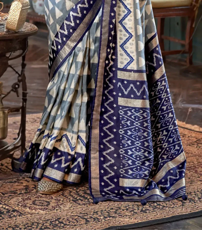 Grey Navy Blue Polyester Viscose silk Patola Printed Saree - Image 4