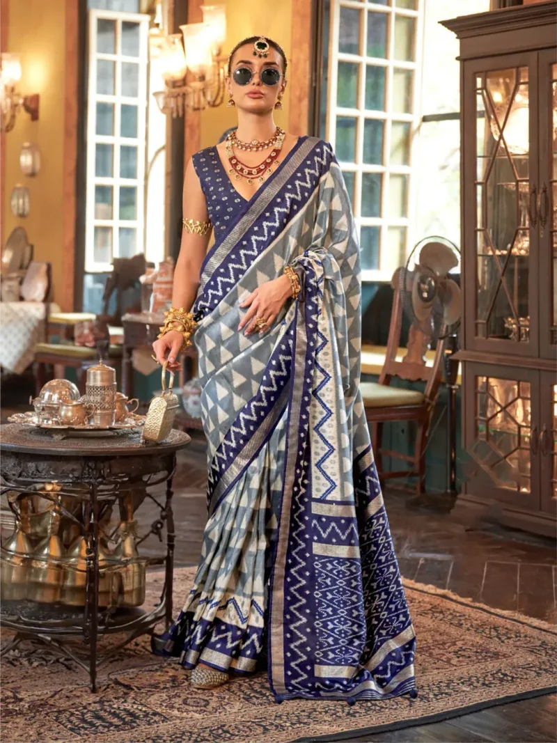 Grey Navy Blue Polyester Viscose silk Patola Printed Saree - Image 2