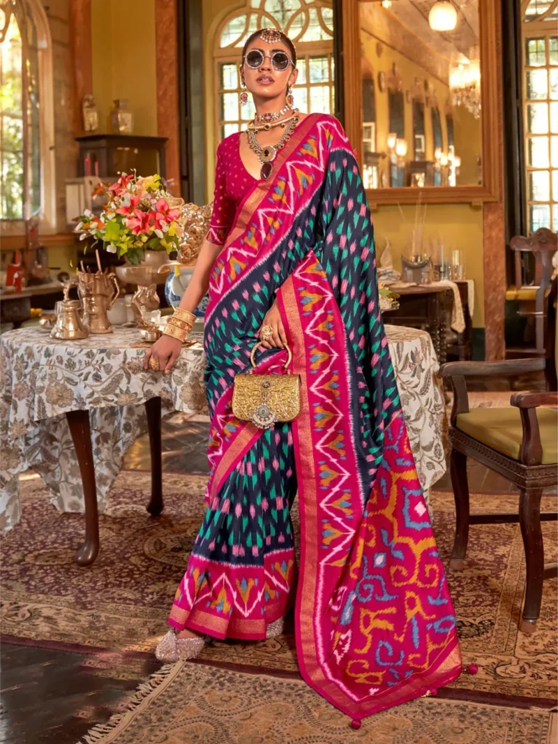 Dark Blue Pink Polyester Viscose silk Patola Printed Saree - Image 3
