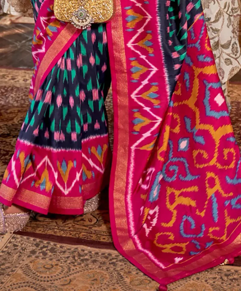 Dark Blue Pink Polyester Viscose silk Patola Printed Saree - Image 4