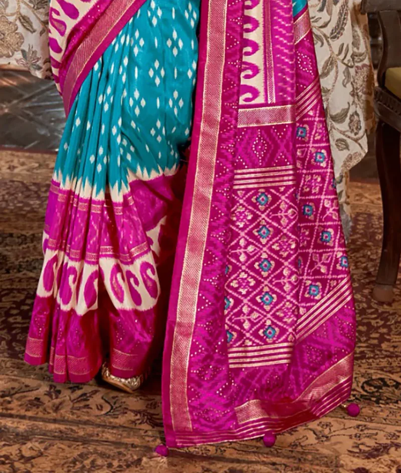 Turquoise Blue Magenta Pink Polyester Viscose silk Patola Printed Saree - Image 4