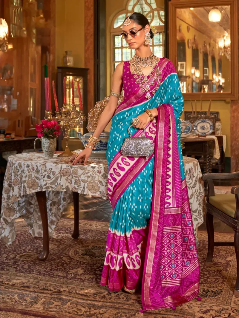 Turquoise Blue Magenta Pink Polyester Viscose silk Patola Printed Saree - Image 3
