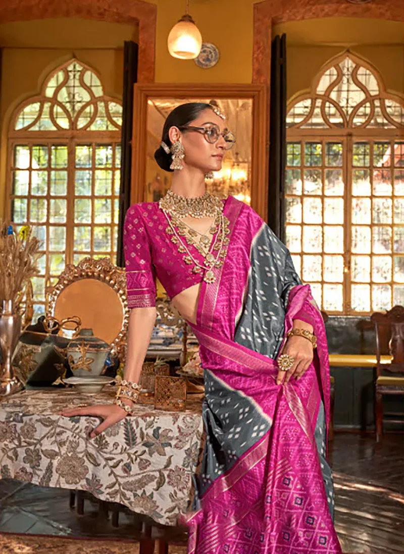 Grey Magenta Pink Polyester Viscose silk Patola Printed Saree - Image 2