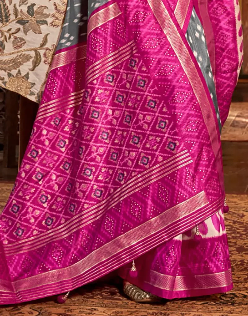 Grey Magenta Pink Polyester Viscose silk Patola Printed Saree - Image 4
