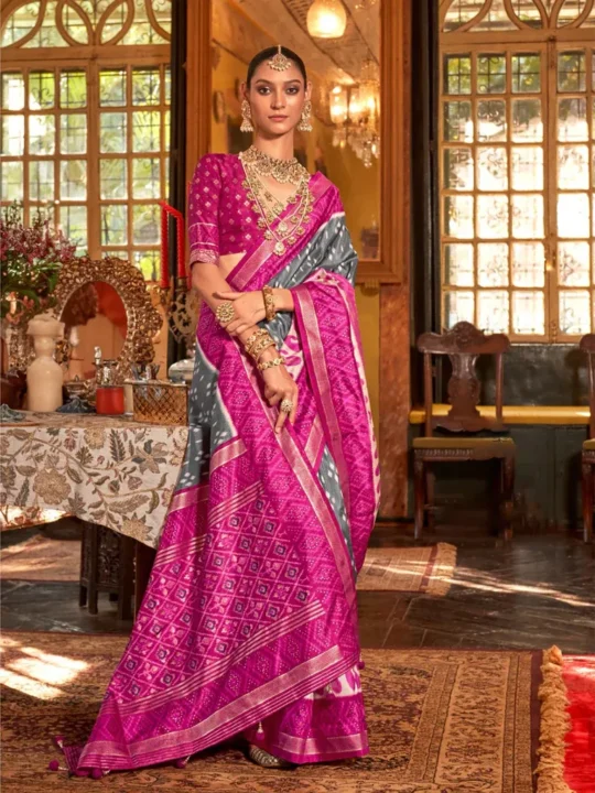 Grey Magenta Pink Polyester Viscose silk Patola Printed Saree