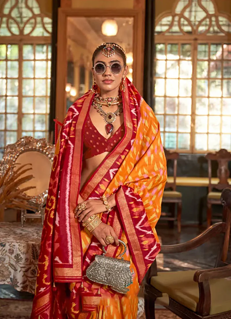 Orange Red Polyester Viscose silk Patola Printed Saree - Image 3