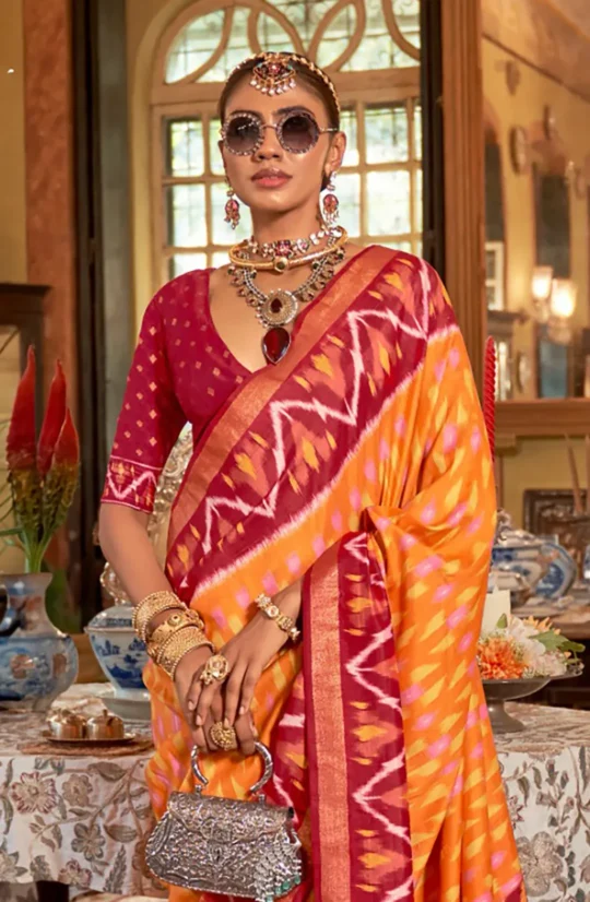 Orange Red Polyester Viscose silk Patola Printed Saree