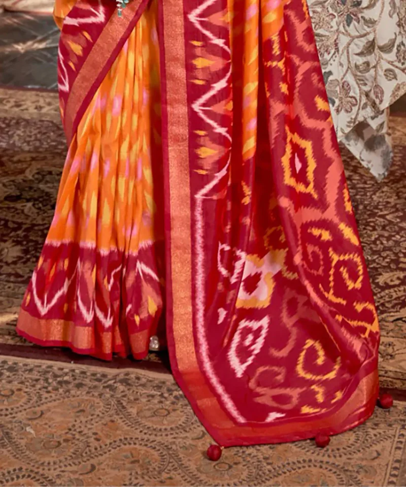 Orange Red Polyester Viscose silk Patola Printed Saree - Image 4