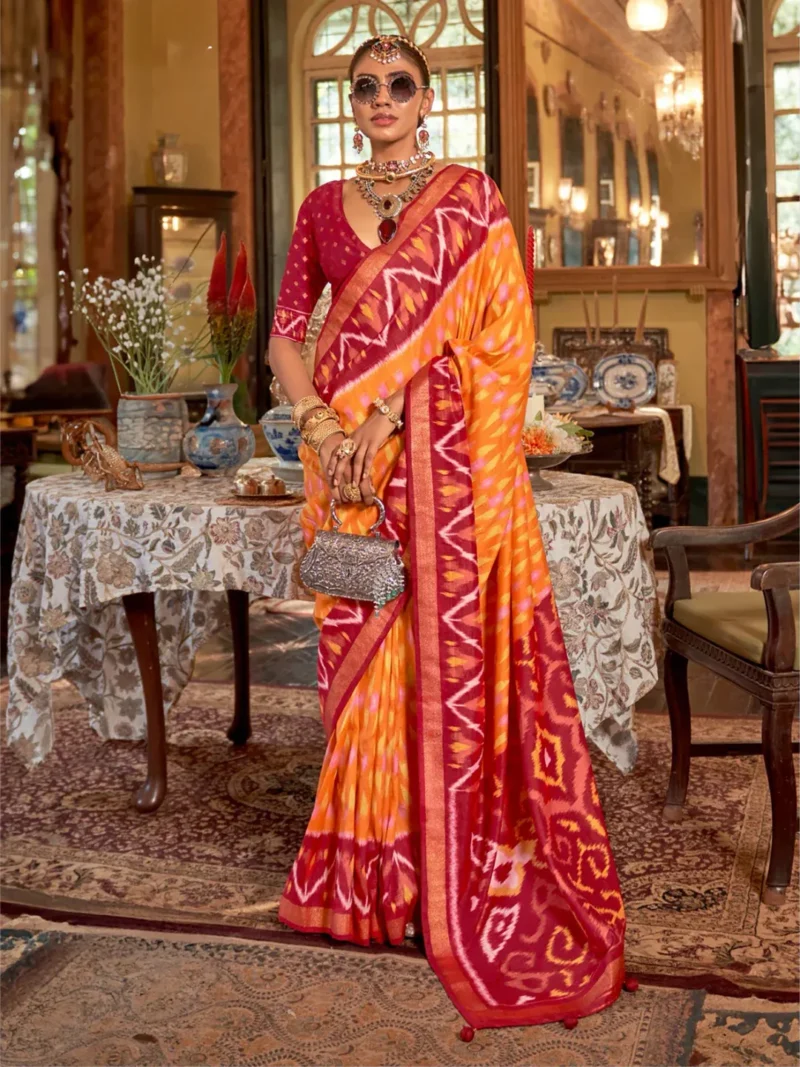 Orange Red Polyester Viscose silk Patola Printed Saree - Image 2