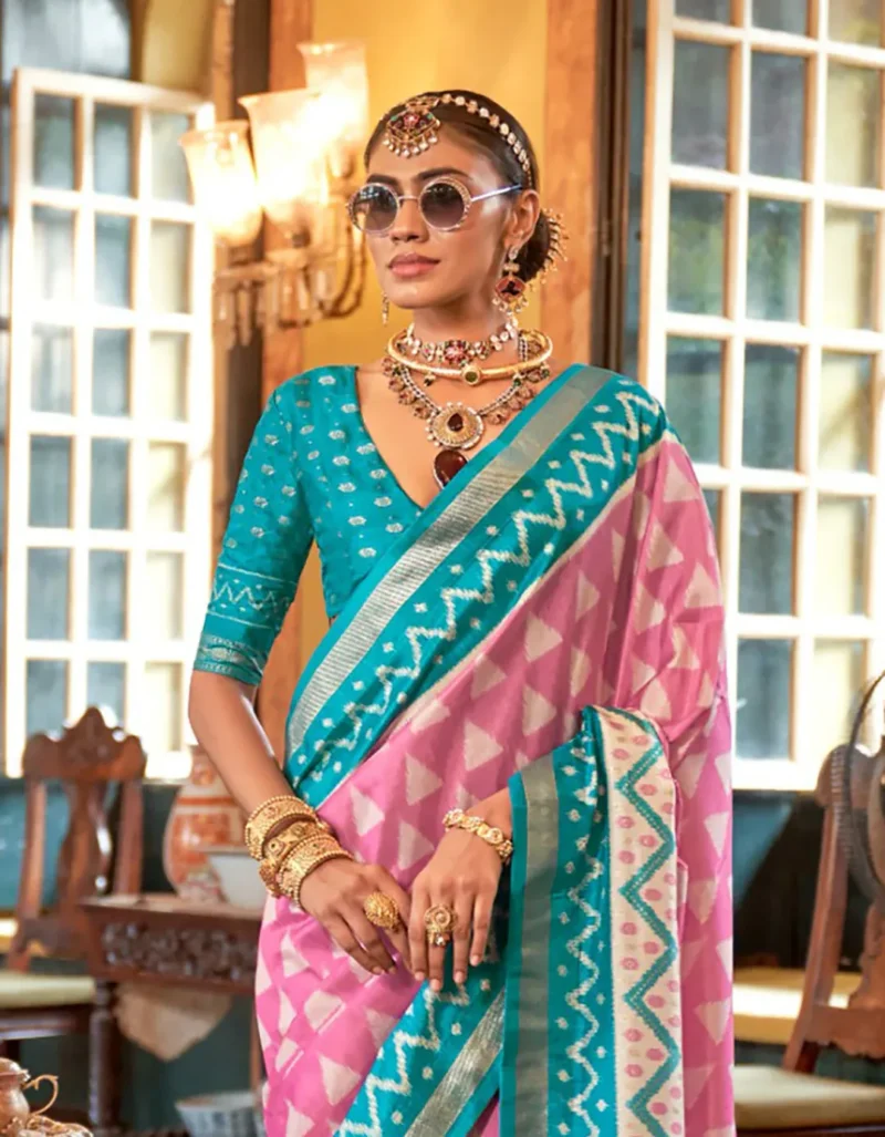 Pink Turquoise Blue Polyester Viscose silk Patola Printed Saree - Image 3