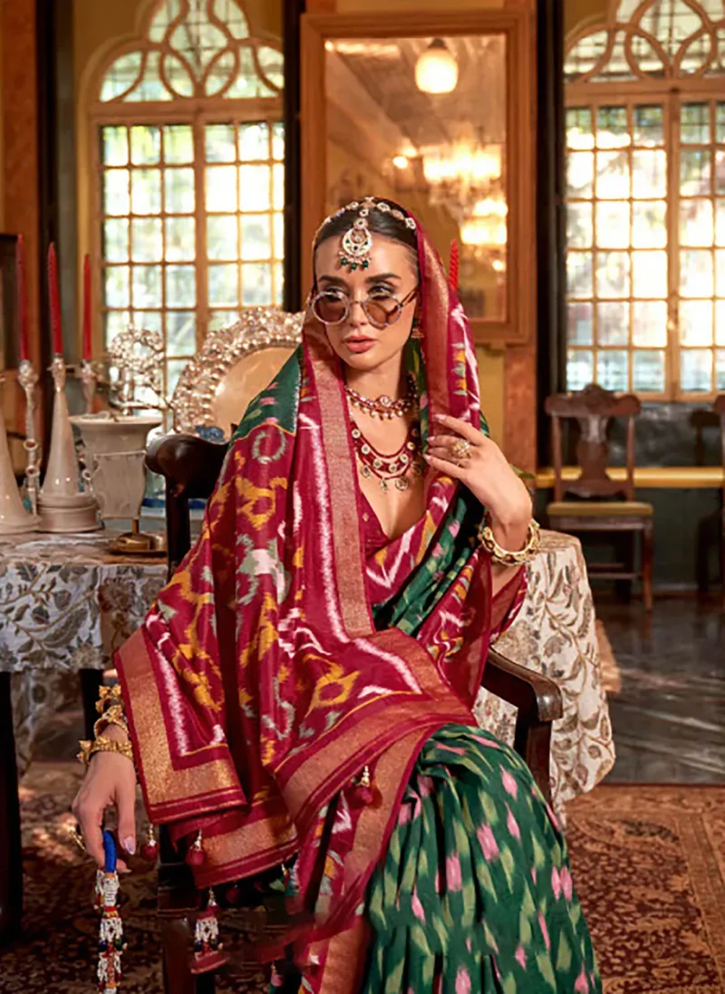 Green Maroon Polyester Viscose silk Patola Printed Saree - Image 2